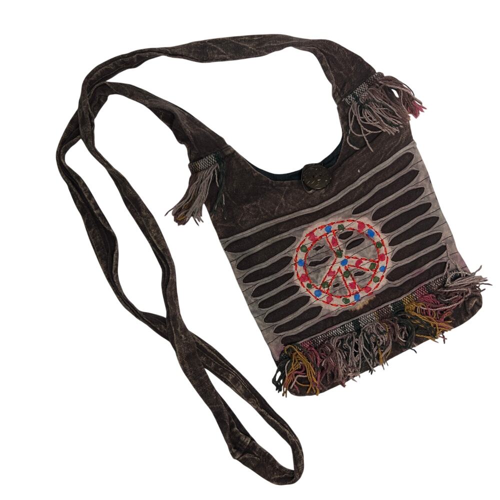 Boho Peace Sign Sling Crossbody Bag Purse Zip Top Lined Fringe Festival